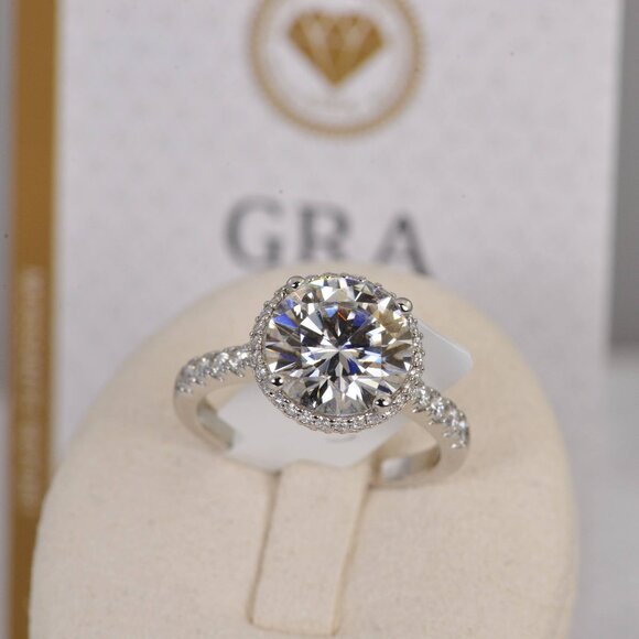 GRA Certified Double Halo 6.8ct Brilliant Round Cut Moissanite Ring 925 Sterling - Picture 4 of 6